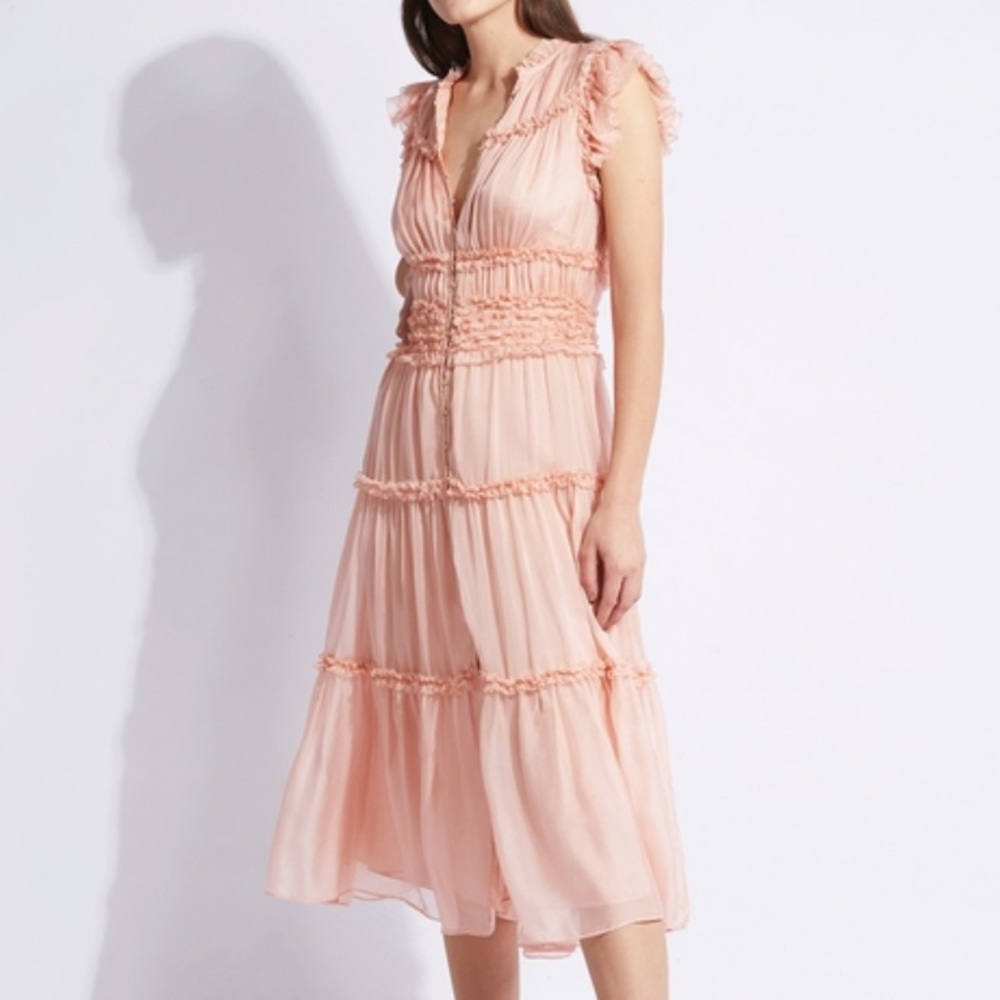 Ulla Johnson Roselind Ruffle Silk Blush Dress Midi Tiny Button Closure Lined